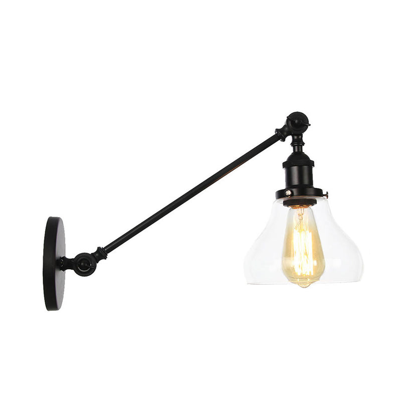 1 Light Indoor Lighting Fixture Farmhouse Black/Bronze/Brass Sconce with Pear Clear Glass Shade, 8"/12" L Arm Black Clearhalo 'Art deco wall lights' 'Cast Iron' 'Glass' 'Industrial wall lights' 'Industrial' 'Middle century wall lights' 'Modern' 'Rustic wall lights' 'Tiffany' 'Traditional wall lights' 'Wall Lamps & Sconces' 'Wall Lights' Lighting' 315242