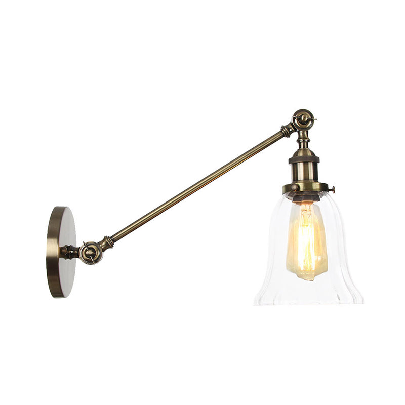 Black/Bronze/Brass 1 Light Wall Lighting Fixture Vintage Clear Glass Bell Sconce with Arm, 8"/12" Long Clearhalo 'Art deco wall lights' 'Cast Iron' 'Glass' 'Industrial wall lights' 'Industrial' 'Middle century wall lights' 'Modern' 'Rustic wall lights' 'Tiffany' 'Traditional wall lights' 'Wall Lamps & Sconces' 'Wall Lights' Lighting' 315245