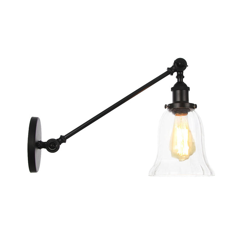 Black/Bronze/Brass 1 Light Wall Lighting Fixture Vintage Clear Glass Bell Sconce with Arm, 8"/12" Long Clearhalo 'Art deco wall lights' 'Cast Iron' 'Glass' 'Industrial wall lights' 'Industrial' 'Middle century wall lights' 'Modern' 'Rustic wall lights' 'Tiffany' 'Traditional wall lights' 'Wall Lamps & Sconces' 'Wall Lights' Lighting' 315246