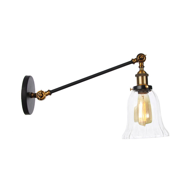 Black/Bronze/Brass 1 Light Wall Lighting Fixture Vintage Clear Glass Bell Sconce with Arm, 8"/12" Long Clearhalo 'Art deco wall lights' 'Cast Iron' 'Glass' 'Industrial wall lights' 'Industrial' 'Middle century wall lights' 'Modern' 'Rustic wall lights' 'Tiffany' 'Traditional wall lights' 'Wall Lamps & Sconces' 'Wall Lights' Lighting' 315248