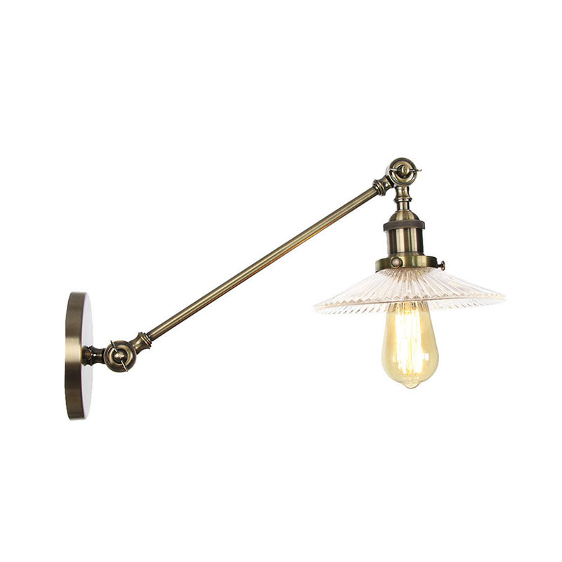 Clear Ribbed Glass Bronze/Brass/Copper Wall Mounted Lamp Saucer 1 Light Vintage Lighting Fixture, 8"/12" L Arm Clearhalo 'Art deco wall lights' 'Cast Iron' 'Glass' 'Industrial wall lights' 'Industrial' 'Middle century wall lights' 'Modern' 'Rustic wall lights' 'Tiffany' 'Traditional wall lights' 'Wall Lamps & Sconces' 'Wall Lights' Lighting' 315250