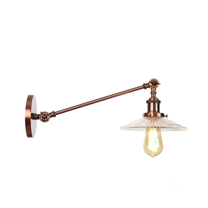 Clear Ribbed Glass Bronze/Brass/Copper Wall Mounted Lamp Saucer 1 Light Vintage Lighting Fixture, 8"/12" L Arm Clearhalo 'Art deco wall lights' 'Cast Iron' 'Glass' 'Industrial wall lights' 'Industrial' 'Middle century wall lights' 'Modern' 'Rustic wall lights' 'Tiffany' 'Traditional wall lights' 'Wall Lamps & Sconces' 'Wall Lights' Lighting' 315252