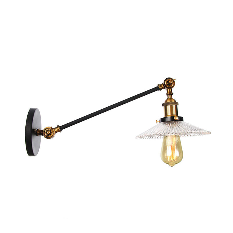 Clear Ribbed Glass Bronze/Brass/Copper Wall Mounted Lamp Saucer 1 Light Vintage Lighting Fixture, 8"/12" L Arm Clearhalo 'Art deco wall lights' 'Cast Iron' 'Glass' 'Industrial wall lights' 'Industrial' 'Middle century wall lights' 'Modern' 'Rustic wall lights' 'Tiffany' 'Traditional wall lights' 'Wall Lamps & Sconces' 'Wall Lights' Lighting' 315253