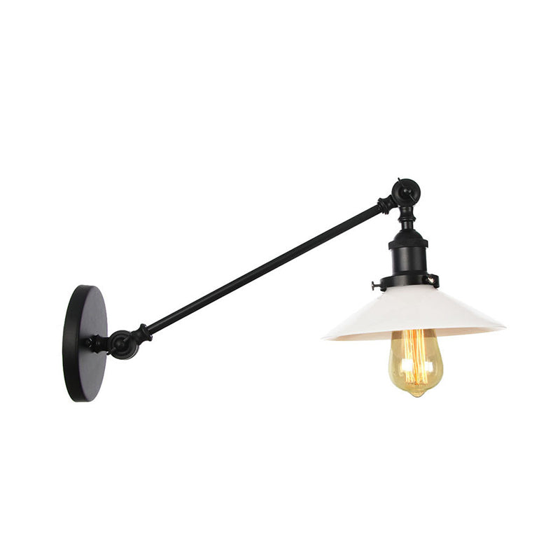 Industrial Conical Sconce Light 1 Light Opal Glass Wall Lamp in Black/Bronze/Brass with Arm, 8"/12" L Clearhalo 'Art deco wall lights' 'Cast Iron' 'Glass' 'Industrial wall lights' 'Industrial' 'Middle century wall lights' 'Modern' 'Rustic wall lights' 'Tiffany' 'Traditional wall lights' 'Wall Lamps & Sconces' 'Wall Lights' Lighting' 315256