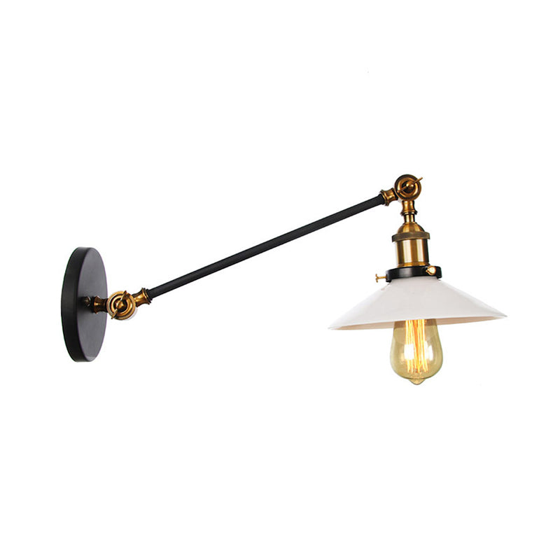 Industrial Conical Sconce Light 1 Light Opal Glass Wall Lamp in Black/Bronze/Brass with Arm, 8"/12" L Clearhalo 'Art deco wall lights' 'Cast Iron' 'Glass' 'Industrial wall lights' 'Industrial' 'Middle century wall lights' 'Modern' 'Rustic wall lights' 'Tiffany' 'Traditional wall lights' 'Wall Lamps & Sconces' 'Wall Lights' Lighting' 315258