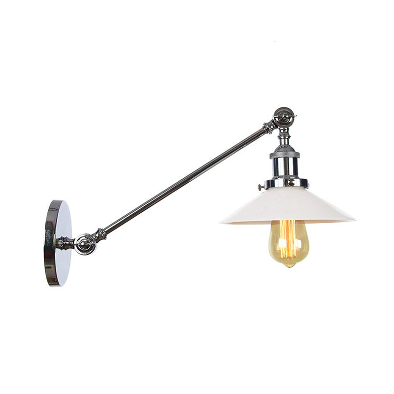 Industrial Conical Sconce Light 1 Light Opal Glass Wall Lamp in Black/Bronze/Brass with Arm, 8"/12" L Clearhalo 'Art deco wall lights' 'Cast Iron' 'Glass' 'Industrial wall lights' 'Industrial' 'Middle century wall lights' 'Modern' 'Rustic wall lights' 'Tiffany' 'Traditional wall lights' 'Wall Lamps & Sconces' 'Wall Lights' Lighting' 315259