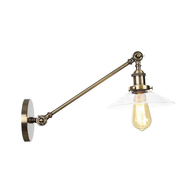 1 Light Indoor Sconce Light Vintage Black/Brass/Bronze Lighting Fixture with Cone Clear Glass Shade, 8"/12" L Arm Clearhalo 'Art deco wall lights' 'Cast Iron' 'Glass' 'Industrial wall lights' 'Industrial' 'Middle century wall lights' 'Modern' 'Rustic wall lights' 'Tiffany' 'Traditional wall lights' 'Wall Lamps & Sconces' 'Wall Lights' Lighting' 315260