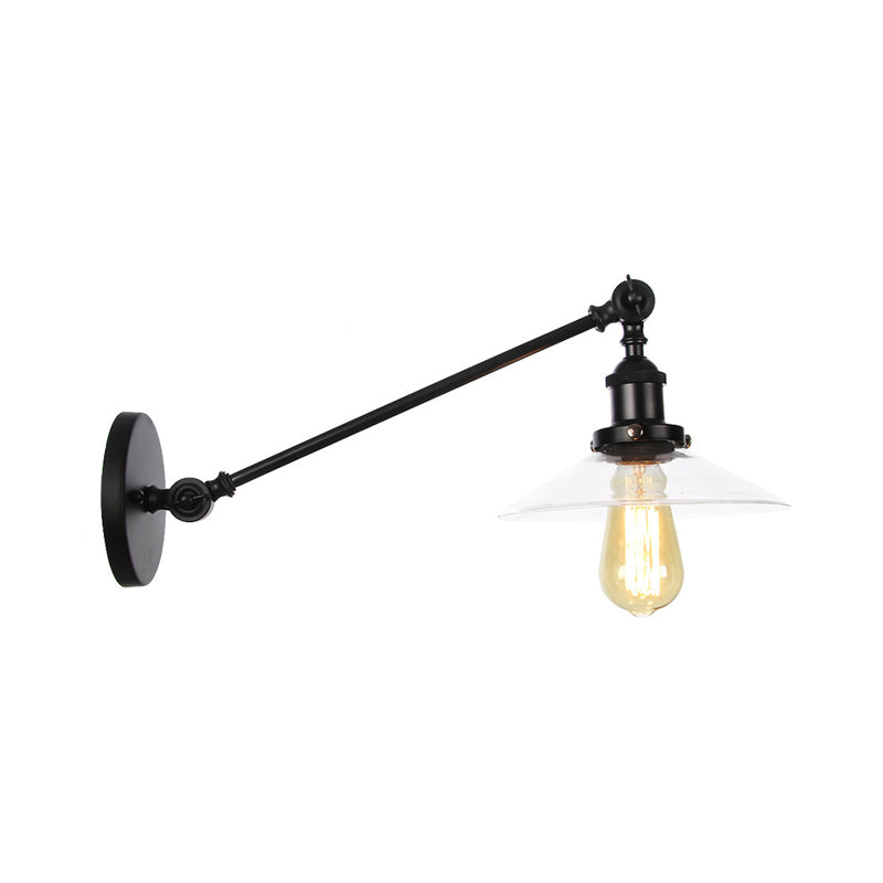 1 Light Indoor Sconce Light Vintage Black/Brass/Bronze Lighting Fixture with Cone Clear Glass Shade, 8"/12" L Arm Clearhalo 'Art deco wall lights' 'Cast Iron' 'Glass' 'Industrial wall lights' 'Industrial' 'Middle century wall lights' 'Modern' 'Rustic wall lights' 'Tiffany' 'Traditional wall lights' 'Wall Lamps & Sconces' 'Wall Lights' Lighting' 315261