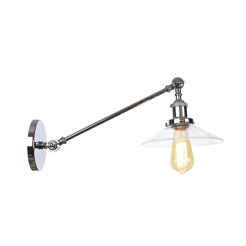 1 Light Indoor Sconce Light Vintage Black/Brass/Bronze Lighting Fixture with Cone Clear Glass Shade, 8"/12" L Arm Clearhalo 'Art deco wall lights' 'Cast Iron' 'Glass' 'Industrial wall lights' 'Industrial' 'Middle century wall lights' 'Modern' 'Rustic wall lights' 'Tiffany' 'Traditional wall lights' 'Wall Lamps & Sconces' 'Wall Lights' Lighting' 315264