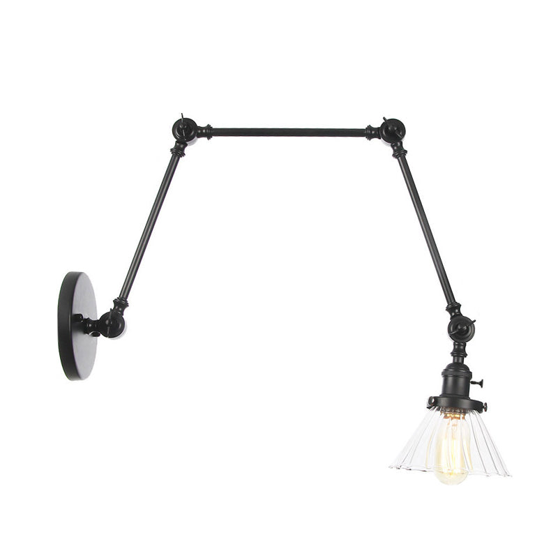 Industrial Cone Wall Mounted Light 1 Light Clear/Amber Glass Sconce in Black/Bronze/Brass with Arm, 8"+8"/8"+8"+8" Long Clearhalo 'Art deco wall lights' 'Cast Iron' 'Glass' 'Industrial wall lights' 'Industrial' 'Middle century wall lights' 'Modern' 'Rustic wall lights' 'Tiffany' 'Traditional wall lights' 'Wall Lamps & Sconces' 'Wall Lights' Lighting' 315270
