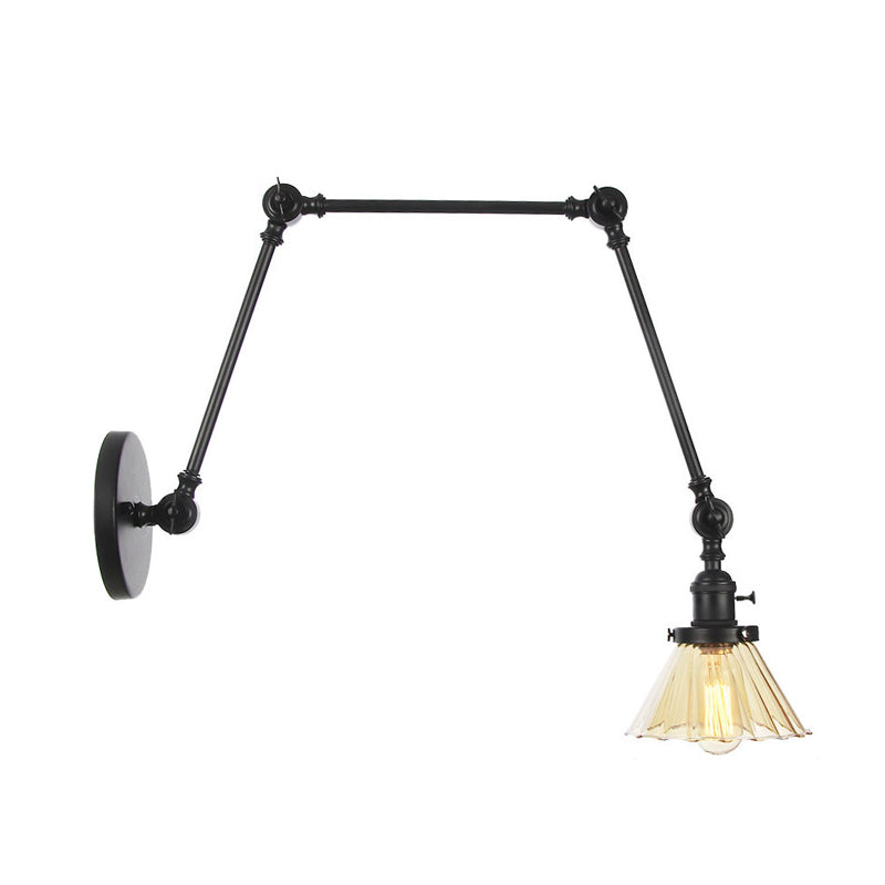 Industrial Cone Wall Mounted Light 1 Light Clear/Amber Glass Sconce in Black/Bronze/Brass with Arm, 8"+8"/8"+8"+8" Long Clearhalo 'Art deco wall lights' 'Cast Iron' 'Glass' 'Industrial wall lights' 'Industrial' 'Middle century wall lights' 'Modern' 'Rustic wall lights' 'Tiffany' 'Traditional wall lights' 'Wall Lamps & Sconces' 'Wall Lights' Lighting' 315271
