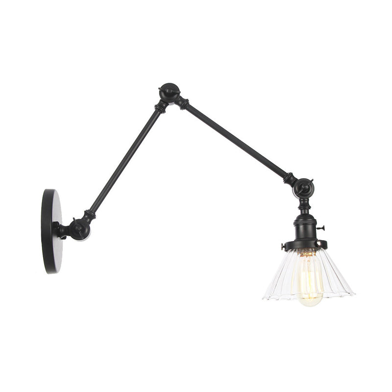 Industrial Cone Wall Mounted Light 1 Light Clear/Amber Glass Sconce in Black/Bronze/Brass with Arm, 8"+8"/8"+8"+8" Long Clearhalo 'Art deco wall lights' 'Cast Iron' 'Glass' 'Industrial wall lights' 'Industrial' 'Middle century wall lights' 'Modern' 'Rustic wall lights' 'Tiffany' 'Traditional wall lights' 'Wall Lamps & Sconces' 'Wall Lights' Lighting' 315273