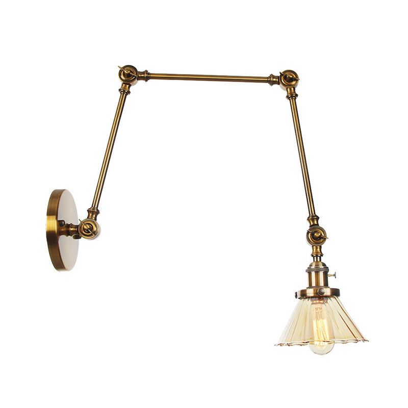 Industrial Cone Wall Mounted Light 1 Light Clear/Amber Glass Sconce in Black/Bronze/Brass with Arm, 8"+8"/8"+8"+8" Long Clearhalo 'Art deco wall lights' 'Cast Iron' 'Glass' 'Industrial wall lights' 'Industrial' 'Middle century wall lights' 'Modern' 'Rustic wall lights' 'Tiffany' 'Traditional wall lights' 'Wall Lamps & Sconces' 'Wall Lights' Lighting' 315274