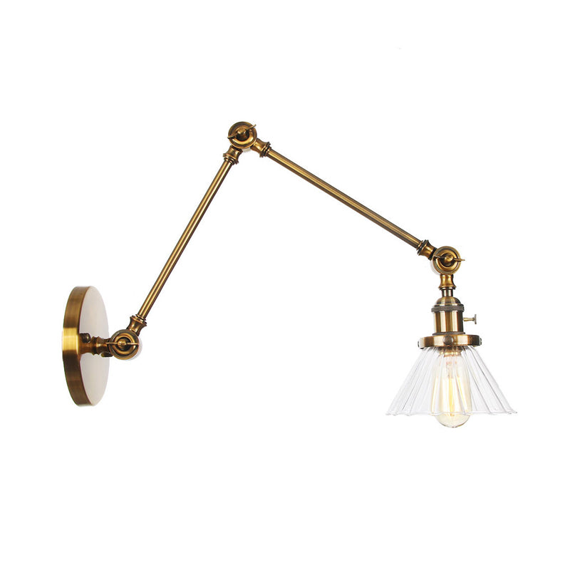 Industrial Cone Wall Mounted Light 1 Light Clear/Amber Glass Sconce in Black/Bronze/Brass with Arm, 8"+8"/8"+8"+8" Long Clearhalo 'Art deco wall lights' 'Cast Iron' 'Glass' 'Industrial wall lights' 'Industrial' 'Middle century wall lights' 'Modern' 'Rustic wall lights' 'Tiffany' 'Traditional wall lights' 'Wall Lamps & Sconces' 'Wall Lights' Lighting' 315276