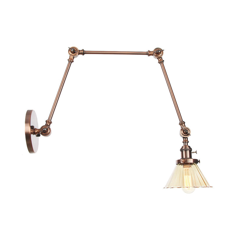 Industrial Cone Wall Mounted Light 1 Light Clear/Amber Glass Sconce in Black/Bronze/Brass with Arm, 8"+8"/8"+8"+8" Long Clearhalo 'Art deco wall lights' 'Cast Iron' 'Glass' 'Industrial wall lights' 'Industrial' 'Middle century wall lights' 'Modern' 'Rustic wall lights' 'Tiffany' 'Traditional wall lights' 'Wall Lamps & Sconces' 'Wall Lights' Lighting' 315279