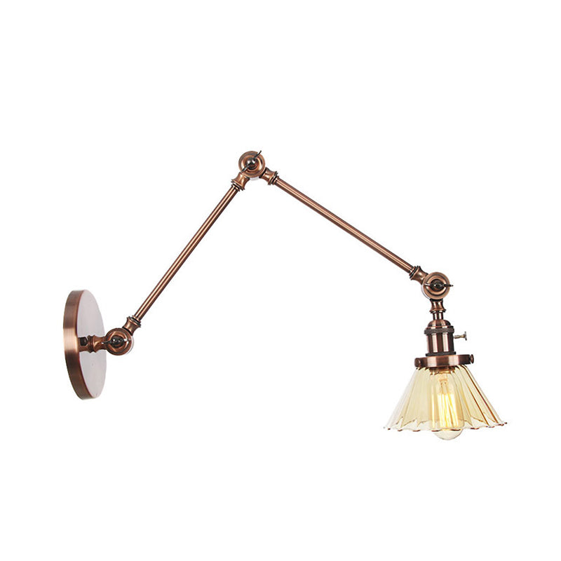 Industrial Cone Wall Mounted Light 1 Light Clear/Amber Glass Sconce in Black/Bronze/Brass with Arm, 8"+8"/8"+8"+8" Long Clearhalo 'Art deco wall lights' 'Cast Iron' 'Glass' 'Industrial wall lights' 'Industrial' 'Middle century wall lights' 'Modern' 'Rustic wall lights' 'Tiffany' 'Traditional wall lights' 'Wall Lamps & Sconces' 'Wall Lights' Lighting' 315280