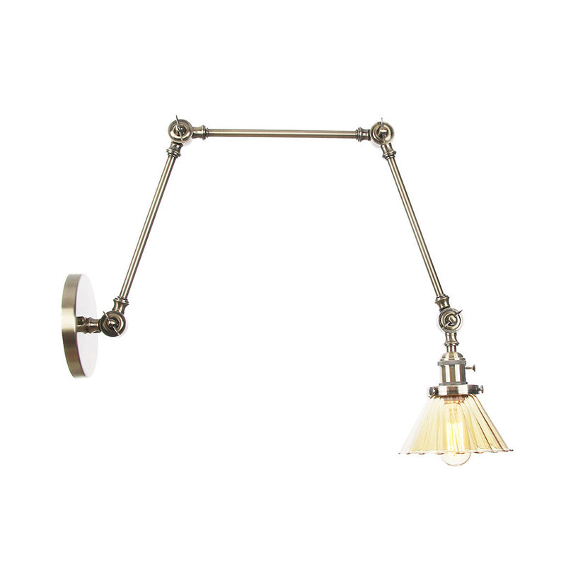 Industrial Cone Wall Mounted Light 1 Light Clear/Amber Glass Sconce in Black/Bronze/Brass with Arm, 8"+8"/8"+8"+8" Long Clearhalo 'Art deco wall lights' 'Cast Iron' 'Glass' 'Industrial wall lights' 'Industrial' 'Middle century wall lights' 'Modern' 'Rustic wall lights' 'Tiffany' 'Traditional wall lights' 'Wall Lamps & Sconces' 'Wall Lights' Lighting' 315283
