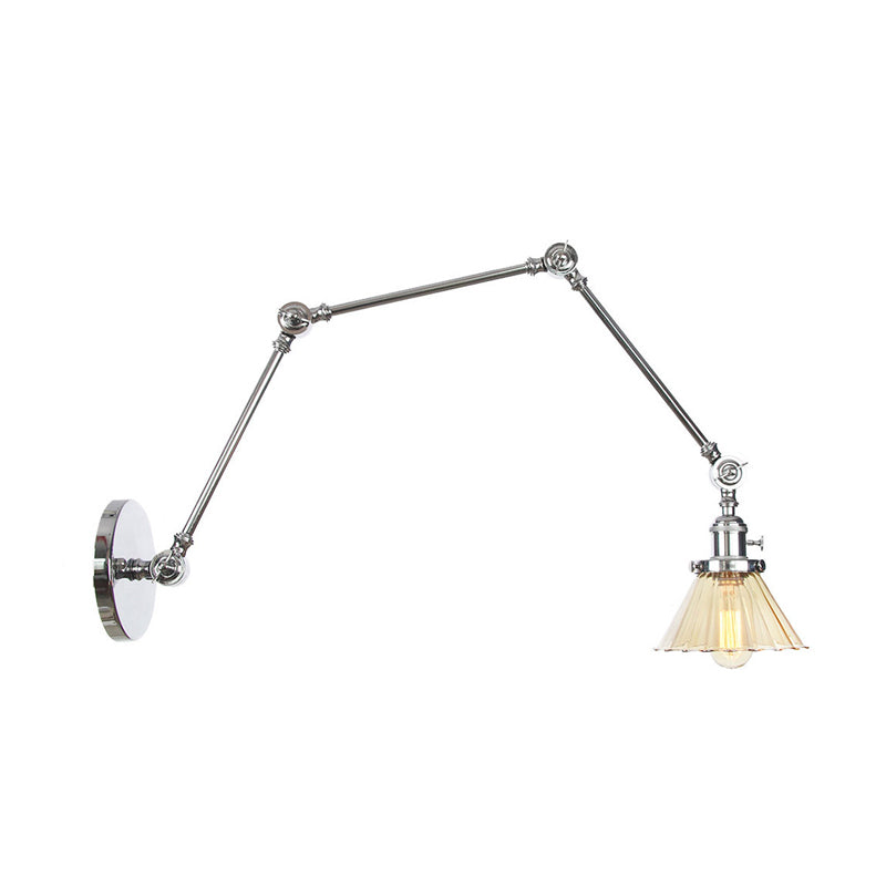Industrial Cone Wall Mounted Light 1 Light Clear/Amber Glass Sconce in Black/Bronze/Brass with Arm, 8"+8"/8"+8"+8" Long Clearhalo 'Art deco wall lights' 'Cast Iron' 'Glass' 'Industrial wall lights' 'Industrial' 'Middle century wall lights' 'Modern' 'Rustic wall lights' 'Tiffany' 'Traditional wall lights' 'Wall Lamps & Sconces' 'Wall Lights' Lighting' 315286