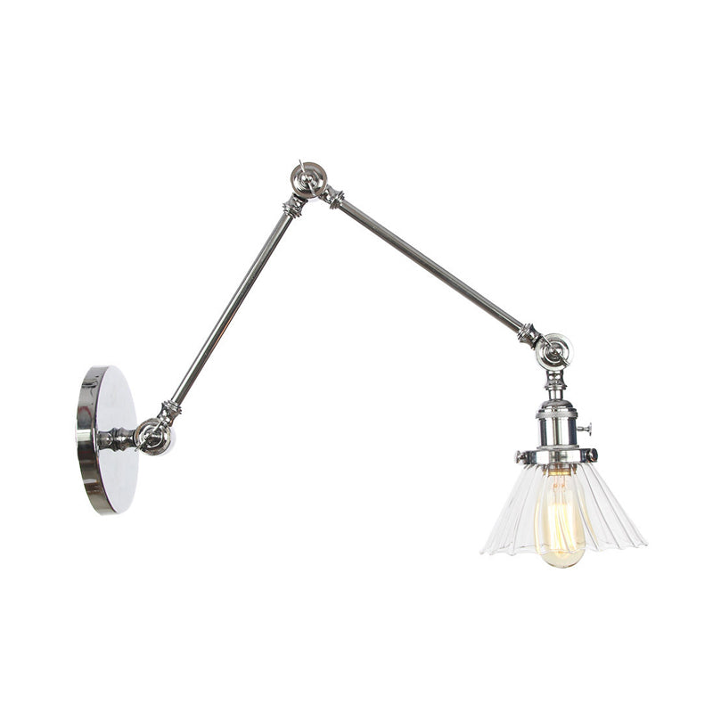 Industrial Cone Wall Mounted Light 1 Light Clear/Amber Glass Sconce in Black/Bronze/Brass with Arm, 8"+8"/8"+8"+8" Long Clearhalo 'Art deco wall lights' 'Cast Iron' 'Glass' 'Industrial wall lights' 'Industrial' 'Middle century wall lights' 'Modern' 'Rustic wall lights' 'Tiffany' 'Traditional wall lights' 'Wall Lamps & Sconces' 'Wall Lights' Lighting' 315289