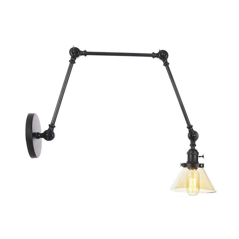 1 Light Wall Lamp Industrial Conical Clear/Amber Glass Sconce in Black/Bronze/Brass with Adjustable Arm, 8“+8"/8"+8"+8" Long Clearhalo 'Art deco wall lights' 'Cast Iron' 'Glass' 'Industrial wall lights' 'Industrial' 'Middle century wall lights' 'Modern' 'Rustic wall lights' 'Tiffany' 'Traditional wall lights' 'Wall Lamps & Sconces' 'Wall Lights' Lighting' 315290
