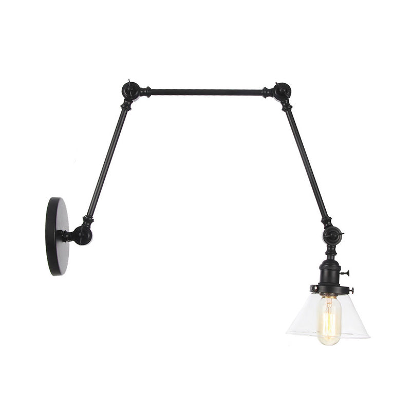 1 Light Wall Lamp Industrial Conical Clear/Amber Glass Sconce in Black/Bronze/Brass with Adjustable Arm, 8“+8"/8"+8"+8" Long Clearhalo 'Art deco wall lights' 'Cast Iron' 'Glass' 'Industrial wall lights' 'Industrial' 'Middle century wall lights' 'Modern' 'Rustic wall lights' 'Tiffany' 'Traditional wall lights' 'Wall Lamps & Sconces' 'Wall Lights' Lighting' 315291