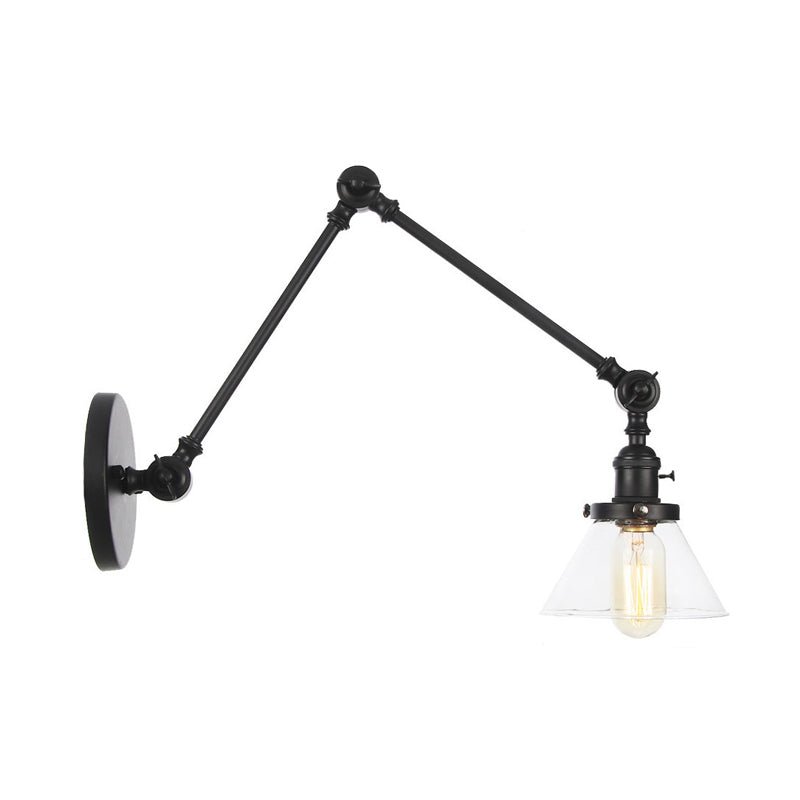 1 Light Wall Lamp Industrial Conical Clear/Amber Glass Sconce in Black/Bronze/Brass with Adjustable Arm, 8“+8"/8"+8"+8" Long Clearhalo 'Art deco wall lights' 'Cast Iron' 'Glass' 'Industrial wall lights' 'Industrial' 'Middle century wall lights' 'Modern' 'Rustic wall lights' 'Tiffany' 'Traditional wall lights' 'Wall Lamps & Sconces' 'Wall Lights' Lighting' 315292