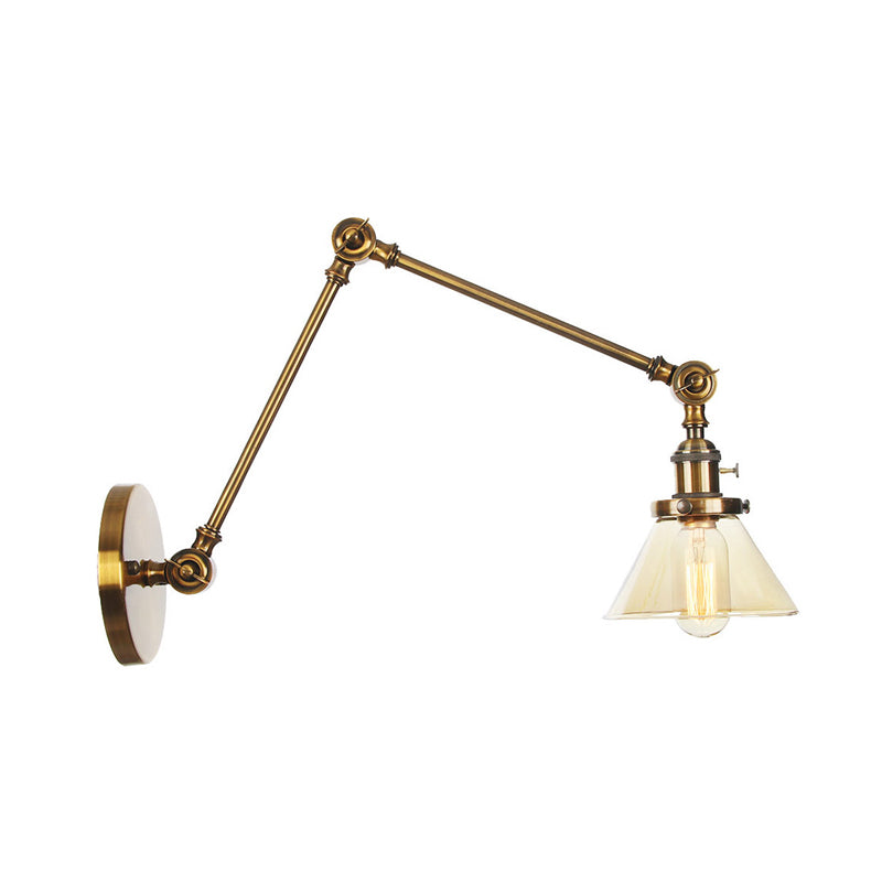 1 Light Wall Lamp Industrial Conical Clear/Amber Glass Sconce in Black/Bronze/Brass with Adjustable Arm, 8“+8"/8"+8"+8" Long Clearhalo 'Art deco wall lights' 'Cast Iron' 'Glass' 'Industrial wall lights' 'Industrial' 'Middle century wall lights' 'Modern' 'Rustic wall lights' 'Tiffany' 'Traditional wall lights' 'Wall Lamps & Sconces' 'Wall Lights' Lighting' 315294