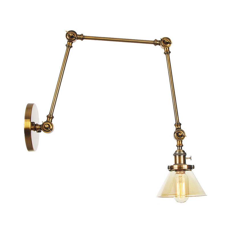 1 Light Wall Lamp Industrial Conical Clear/Amber Glass Sconce in Black/Bronze/Brass with Adjustable Arm, 8“+8"/8"+8"+8" Long Clearhalo 'Art deco wall lights' 'Cast Iron' 'Glass' 'Industrial wall lights' 'Industrial' 'Middle century wall lights' 'Modern' 'Rustic wall lights' 'Tiffany' 'Traditional wall lights' 'Wall Lamps & Sconces' 'Wall Lights' Lighting' 315296