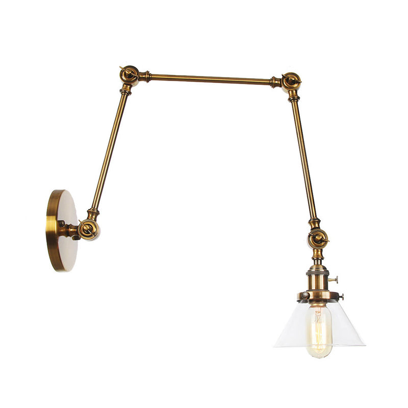 1 Light Wall Lamp Industrial Conical Clear/Amber Glass Sconce in Black/Bronze/Brass with Adjustable Arm, 8“+8"/8"+8"+8" Long Clearhalo 'Art deco wall lights' 'Cast Iron' 'Glass' 'Industrial wall lights' 'Industrial' 'Middle century wall lights' 'Modern' 'Rustic wall lights' 'Tiffany' 'Traditional wall lights' 'Wall Lamps & Sconces' 'Wall Lights' Lighting' 315297