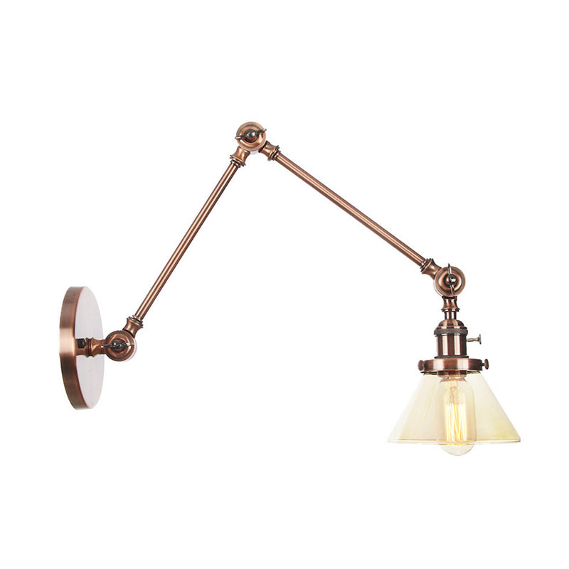 1 Light Wall Lamp Industrial Conical Clear/Amber Glass Sconce in Black/Bronze/Brass with Adjustable Arm, 8“+8"/8"+8"+8" Long Clearhalo 'Art deco wall lights' 'Cast Iron' 'Glass' 'Industrial wall lights' 'Industrial' 'Middle century wall lights' 'Modern' 'Rustic wall lights' 'Tiffany' 'Traditional wall lights' 'Wall Lamps & Sconces' 'Wall Lights' Lighting' 315298