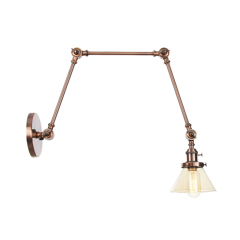 1 Light Wall Lamp Industrial Conical Clear/Amber Glass Sconce in Black/Bronze/Brass with Adjustable Arm, 8“+8"/8"+8"+8" Long Clearhalo 'Art deco wall lights' 'Cast Iron' 'Glass' 'Industrial wall lights' 'Industrial' 'Middle century wall lights' 'Modern' 'Rustic wall lights' 'Tiffany' 'Traditional wall lights' 'Wall Lamps & Sconces' 'Wall Lights' Lighting' 315301