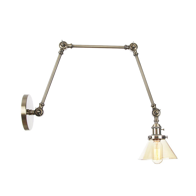 1 Light Wall Lamp Industrial Conical Clear/Amber Glass Sconce in Black/Bronze/Brass with Adjustable Arm, 8“+8"/8"+8"+8" Long Clearhalo 'Art deco wall lights' 'Cast Iron' 'Glass' 'Industrial wall lights' 'Industrial' 'Middle century wall lights' 'Modern' 'Rustic wall lights' 'Tiffany' 'Traditional wall lights' 'Wall Lamps & Sconces' 'Wall Lights' Lighting' 315304
