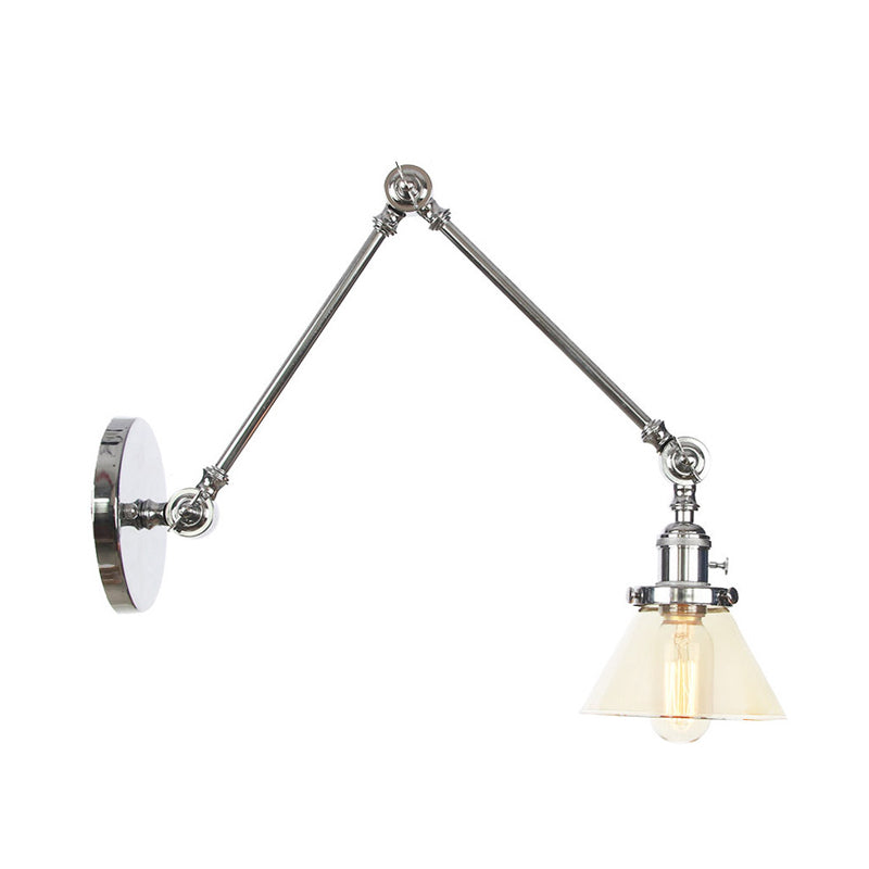 1 Light Wall Lamp Industrial Conical Clear/Amber Glass Sconce in Black/Bronze/Brass with Adjustable Arm, 8“+8"/8"+8"+8" Long Clearhalo 'Art deco wall lights' 'Cast Iron' 'Glass' 'Industrial wall lights' 'Industrial' 'Middle century wall lights' 'Modern' 'Rustic wall lights' 'Tiffany' 'Traditional wall lights' 'Wall Lamps & Sconces' 'Wall Lights' Lighting' 315309
