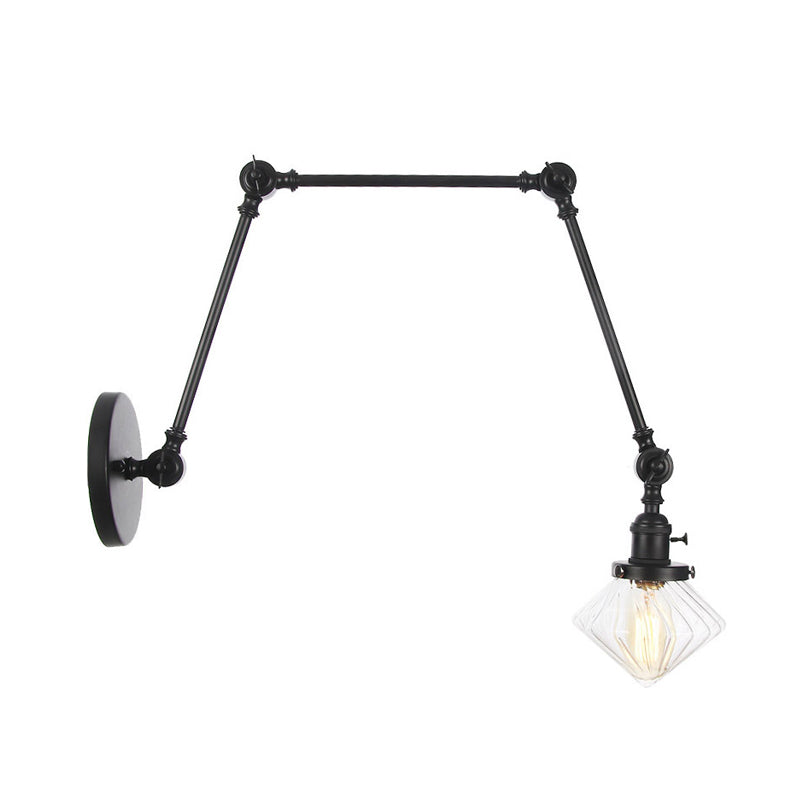 1 Light Dining Room Sconce Light Vintage Black/Bronze/Brass Wall Mounted Lamp with Diamond Clear/Amber Glass Shade, 8"+8"/8"+8"+8" L Adjustable Arm Clearhalo 'Art deco wall lights' 'Cast Iron' 'Glass' 'Industrial wall lights' 'Industrial' 'Middle century wall lights' 'Modern' 'Rustic wall lights' 'Tiffany' 'Traditional wall lights' 'Wall Lamps & Sconces' 'Wall Lights' Lighting' 315310