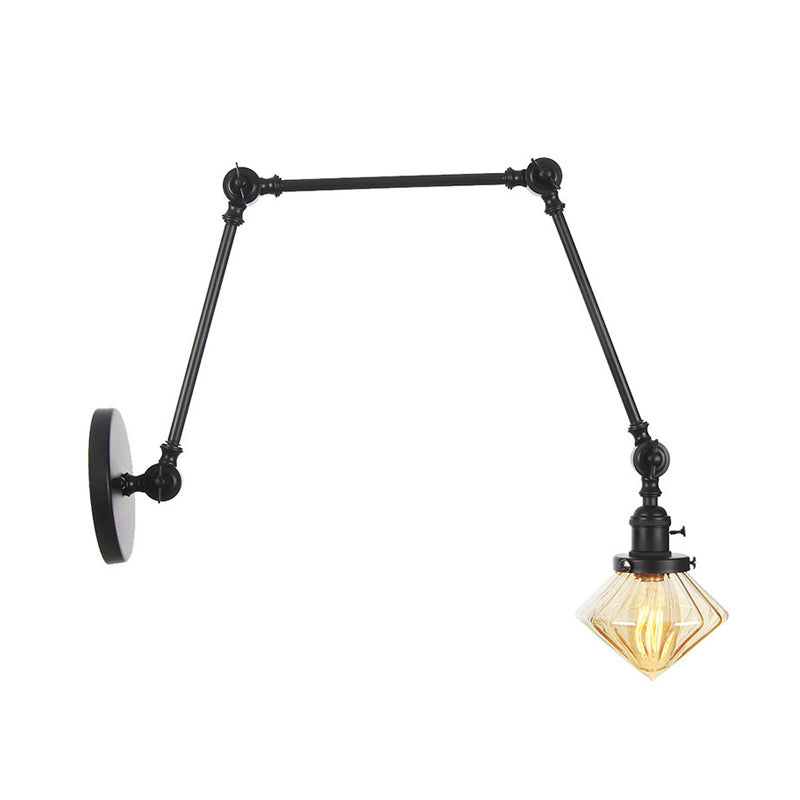 1 Light Dining Room Sconce Light Vintage Black/Bronze/Brass Wall Mounted Lamp with Diamond Clear/Amber Glass Shade, 8"+8"/8"+8"+8" L Adjustable Arm Clearhalo 'Art deco wall lights' 'Cast Iron' 'Glass' 'Industrial wall lights' 'Industrial' 'Middle century wall lights' 'Modern' 'Rustic wall lights' 'Tiffany' 'Traditional wall lights' 'Wall Lamps & Sconces' 'Wall Lights' Lighting' 315311