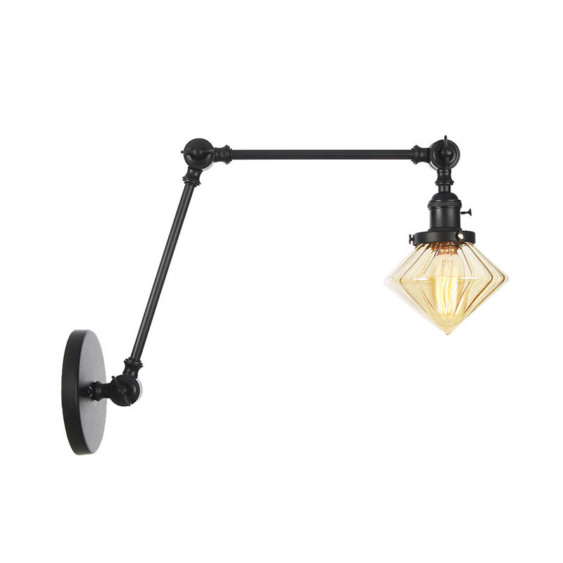 1 Light Dining Room Sconce Light Vintage Black/Bronze/Brass Wall Mounted Lamp with Diamond Clear/Amber Glass Shade, 8"+8"/8"+8"+8" L Adjustable Arm Clearhalo 'Art deco wall lights' 'Cast Iron' 'Glass' 'Industrial wall lights' 'Industrial' 'Middle century wall lights' 'Modern' 'Rustic wall lights' 'Tiffany' 'Traditional wall lights' 'Wall Lamps & Sconces' 'Wall Lights' Lighting' 315312