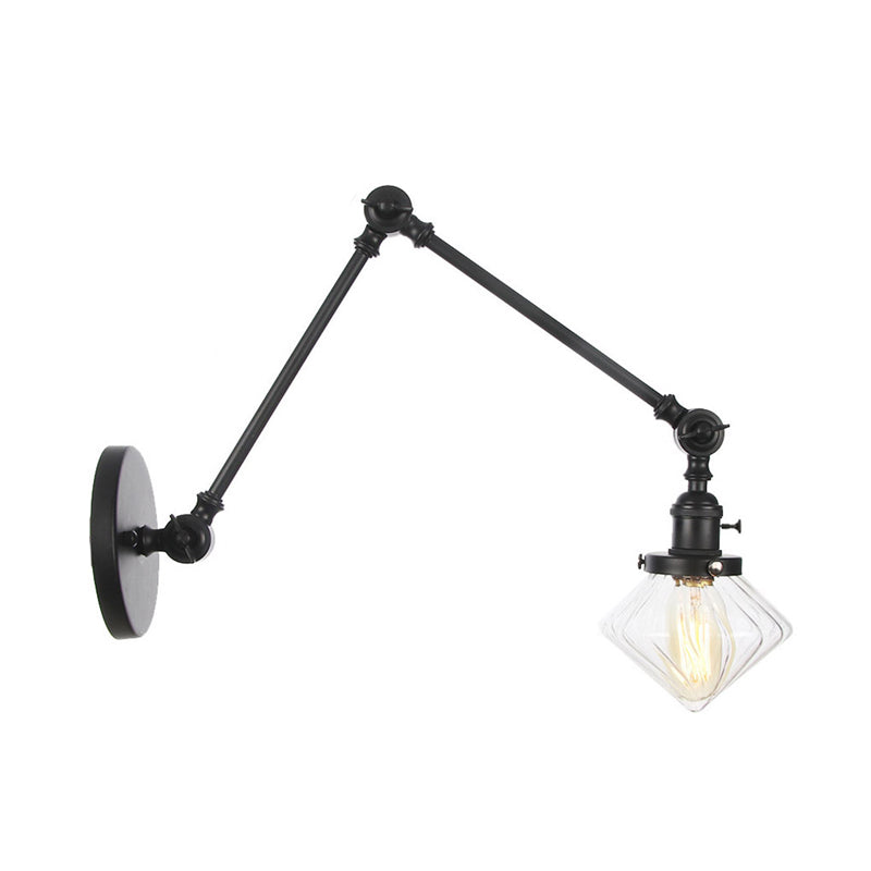 1 Light Dining Room Sconce Light Vintage Black/Bronze/Brass Wall Mounted Lamp with Diamond Clear/Amber Glass Shade, 8"+8"/8"+8"+8" L Adjustable Arm Clearhalo 'Art deco wall lights' 'Cast Iron' 'Glass' 'Industrial wall lights' 'Industrial' 'Middle century wall lights' 'Modern' 'Rustic wall lights' 'Tiffany' 'Traditional wall lights' 'Wall Lamps & Sconces' 'Wall Lights' Lighting' 315313
