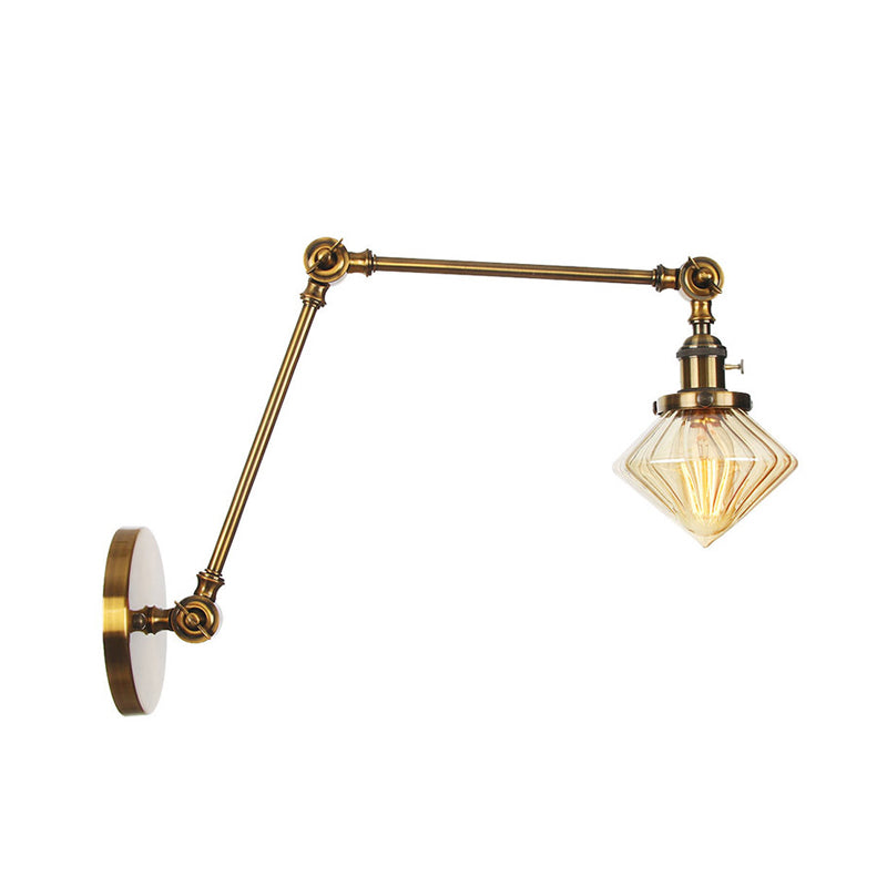 1 Light Dining Room Sconce Light Vintage Black/Bronze/Brass Wall Mounted Lamp with Diamond Clear/Amber Glass Shade, 8"+8"/8"+8"+8" L Adjustable Arm Clearhalo 'Art deco wall lights' 'Cast Iron' 'Glass' 'Industrial wall lights' 'Industrial' 'Middle century wall lights' 'Modern' 'Rustic wall lights' 'Tiffany' 'Traditional wall lights' 'Wall Lamps & Sconces' 'Wall Lights' Lighting' 315314