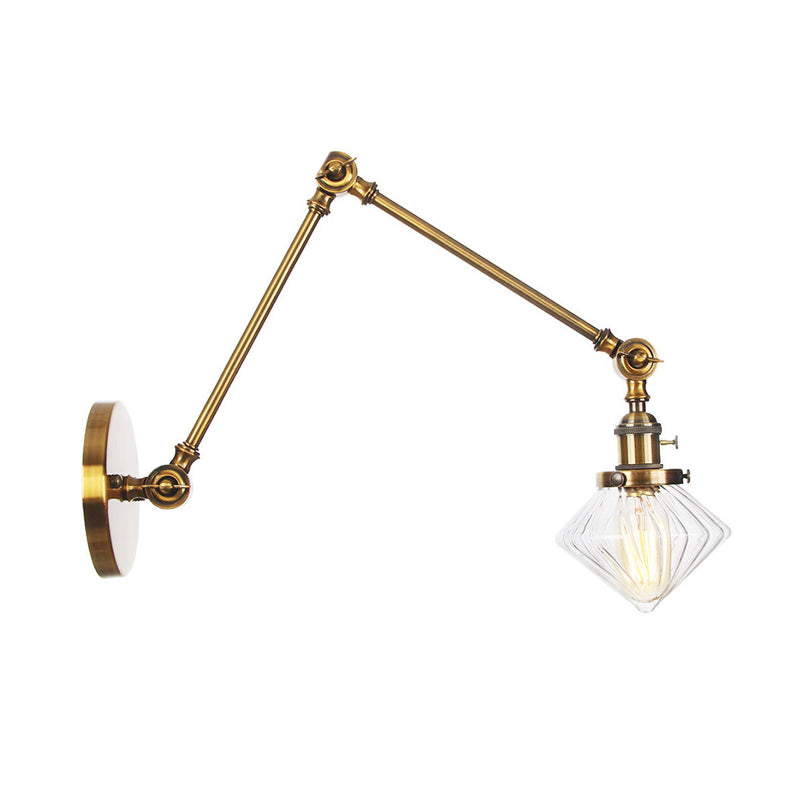 1 Light Dining Room Sconce Light Vintage Black/Bronze/Brass Wall Mounted Lamp with Diamond Clear/Amber Glass Shade, 8"+8"/8"+8"+8" L Adjustable Arm Clearhalo 'Art deco wall lights' 'Cast Iron' 'Glass' 'Industrial wall lights' 'Industrial' 'Middle century wall lights' 'Modern' 'Rustic wall lights' 'Tiffany' 'Traditional wall lights' 'Wall Lamps & Sconces' 'Wall Lights' Lighting' 315315