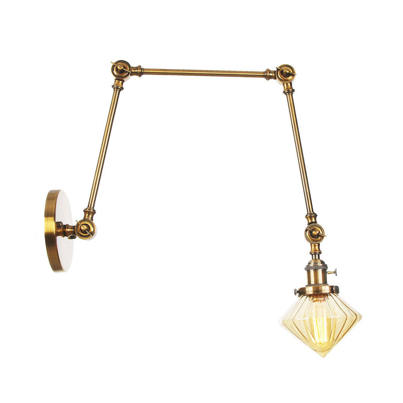 1 Light Dining Room Sconce Light Vintage Black/Bronze/Brass Wall Mounted Lamp with Diamond Clear/Amber Glass Shade, 8"+8"/8"+8"+8" L Adjustable Arm Clearhalo 'Art deco wall lights' 'Cast Iron' 'Glass' 'Industrial wall lights' 'Industrial' 'Middle century wall lights' 'Modern' 'Rustic wall lights' 'Tiffany' 'Traditional wall lights' 'Wall Lamps & Sconces' 'Wall Lights' Lighting' 315316