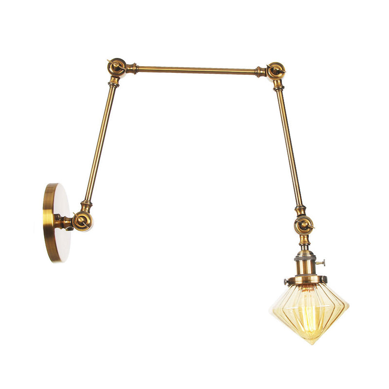 1 Light Dining Room Sconce Light Vintage Black/Bronze/Brass Wall Mounted Lamp with Diamond Clear/Amber Glass Shade, 8"+8"/8"+8"+8" L Adjustable Arm Clearhalo 'Art deco wall lights' 'Cast Iron' 'Glass' 'Industrial wall lights' 'Industrial' 'Middle century wall lights' 'Modern' 'Rustic wall lights' 'Tiffany' 'Traditional wall lights' 'Wall Lamps & Sconces' 'Wall Lights' Lighting' 315316