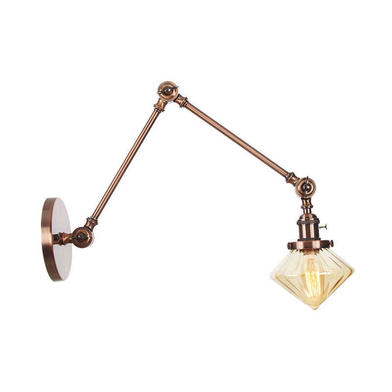 1 Light Dining Room Sconce Light Vintage Black/Bronze/Brass Wall Mounted Lamp with Diamond Clear/Amber Glass Shade, 8"+8"/8"+8"+8" L Adjustable Arm Clearhalo 'Art deco wall lights' 'Cast Iron' 'Glass' 'Industrial wall lights' 'Industrial' 'Middle century wall lights' 'Modern' 'Rustic wall lights' 'Tiffany' 'Traditional wall lights' 'Wall Lamps & Sconces' 'Wall Lights' Lighting' 315320