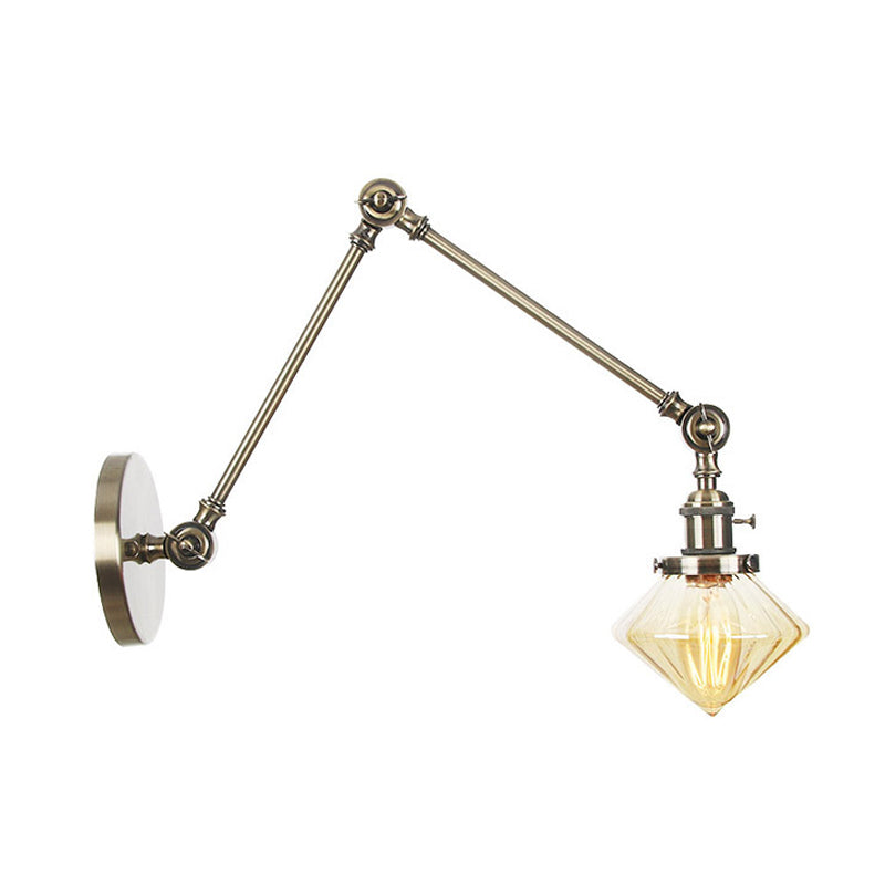 1 Light Dining Room Sconce Light Vintage Black/Bronze/Brass Wall Mounted Lamp with Diamond Clear/Amber Glass Shade, 8"+8"/8"+8"+8" L Adjustable Arm Clearhalo 'Art deco wall lights' 'Cast Iron' 'Glass' 'Industrial wall lights' 'Industrial' 'Middle century wall lights' 'Modern' 'Rustic wall lights' 'Tiffany' 'Traditional wall lights' 'Wall Lamps & Sconces' 'Wall Lights' Lighting' 315324