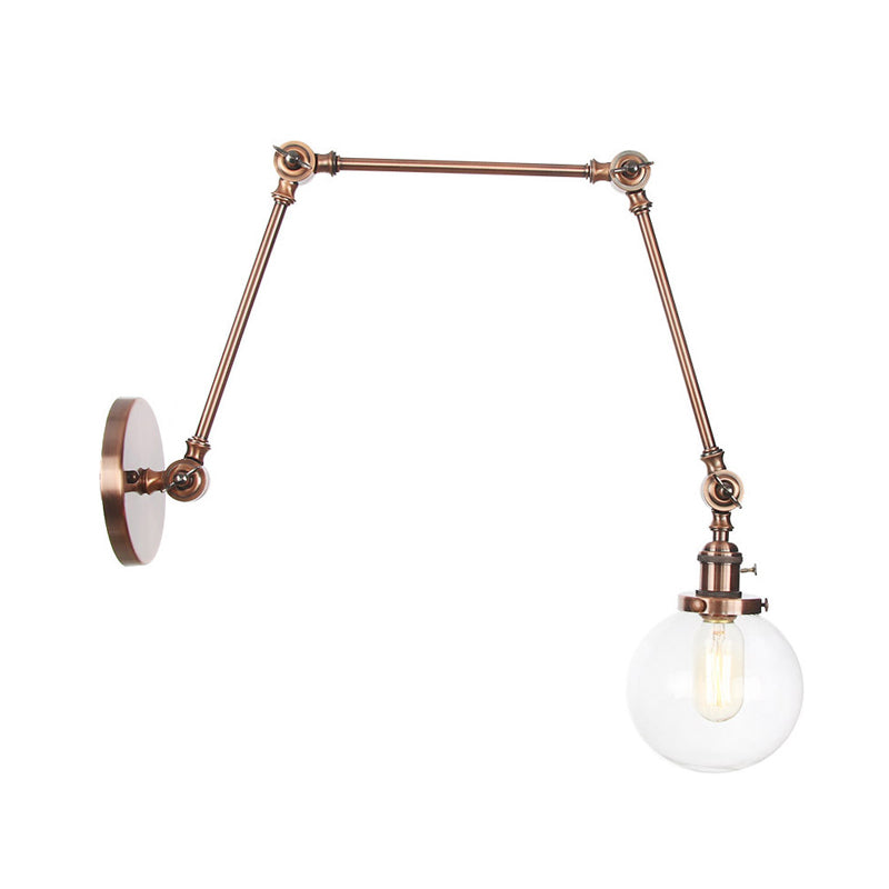 1 Light Clear/Amber Glass Wall Mount Light Vintage Chrome/Copper/Bronze Orb Living Room Sconce Lamp with Adjustable Arm, 8"+8"/8"+8"+8" L Clearhalo 'Art deco wall lights' 'Cast Iron' 'Glass' 'Industrial wall lights' 'Industrial' 'Middle century wall lights' 'Modern' 'Rustic wall lights' 'Tiffany' 'Traditional wall lights' 'Wall Lamps & Sconces' 'Wall Lights' Lighting' 315335