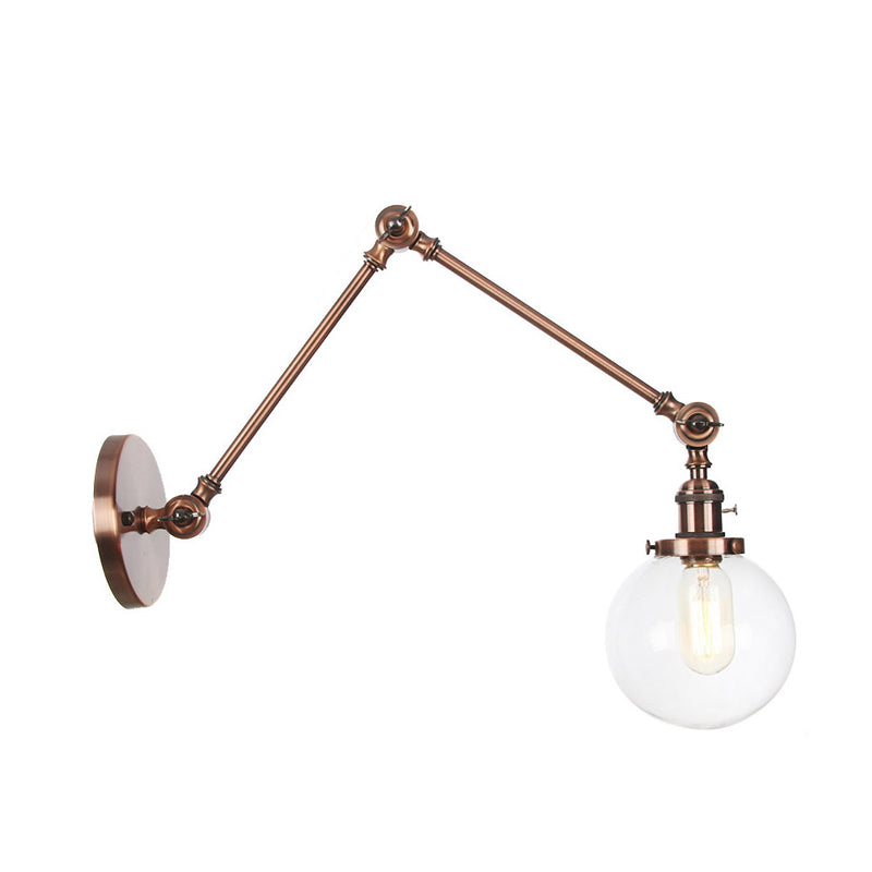 1 Light Clear/Amber Glass Wall Mount Light Vintage Chrome/Copper/Bronze Orb Living Room Sconce Lamp with Adjustable Arm, 8"+8"/8"+8"+8" L Clearhalo 'Art deco wall lights' 'Cast Iron' 'Glass' 'Industrial wall lights' 'Industrial' 'Middle century wall lights' 'Modern' 'Rustic wall lights' 'Tiffany' 'Traditional wall lights' 'Wall Lamps & Sconces' 'Wall Lights' Lighting' 315337