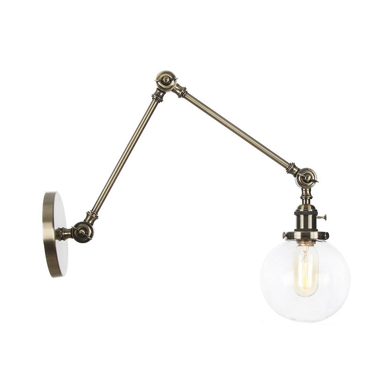 1 Light Clear/Amber Glass Wall Mount Light Vintage Chrome/Copper/Bronze Orb Living Room Sconce Lamp with Adjustable Arm, 8"+8"/8"+8"+8" L Clearhalo 'Art deco wall lights' 'Cast Iron' 'Glass' 'Industrial wall lights' 'Industrial' 'Middle century wall lights' 'Modern' 'Rustic wall lights' 'Tiffany' 'Traditional wall lights' 'Wall Lamps & Sconces' 'Wall Lights' Lighting' 315339