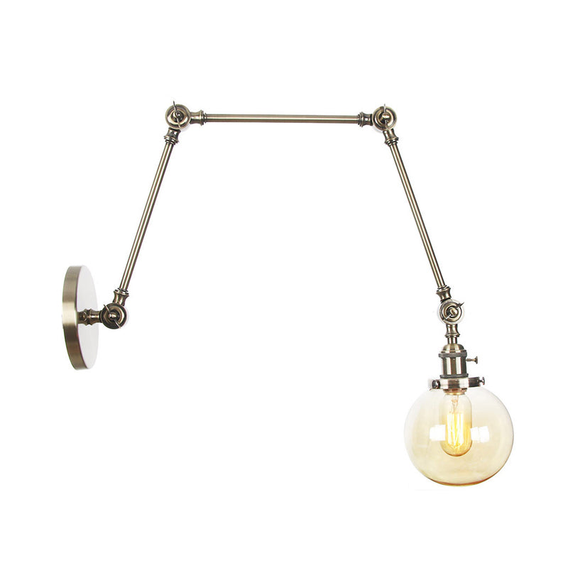 1 Light Clear/Amber Glass Wall Mount Light Vintage Chrome/Copper/Bronze Orb Living Room Sconce Lamp with Adjustable Arm, 8"+8"/8"+8"+8" L Clearhalo 'Art deco wall lights' 'Cast Iron' 'Glass' 'Industrial wall lights' 'Industrial' 'Middle century wall lights' 'Modern' 'Rustic wall lights' 'Tiffany' 'Traditional wall lights' 'Wall Lamps & Sconces' 'Wall Lights' Lighting' 315340