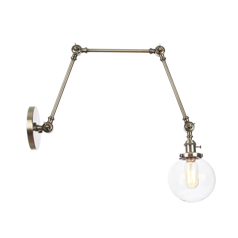 1 Light Clear/Amber Glass Wall Mount Light Vintage Chrome/Copper/Bronze Orb Living Room Sconce Lamp with Adjustable Arm, 8"+8"/8"+8"+8" L Clearhalo 'Art deco wall lights' 'Cast Iron' 'Glass' 'Industrial wall lights' 'Industrial' 'Middle century wall lights' 'Modern' 'Rustic wall lights' 'Tiffany' 'Traditional wall lights' 'Wall Lamps & Sconces' 'Wall Lights' Lighting' 315341