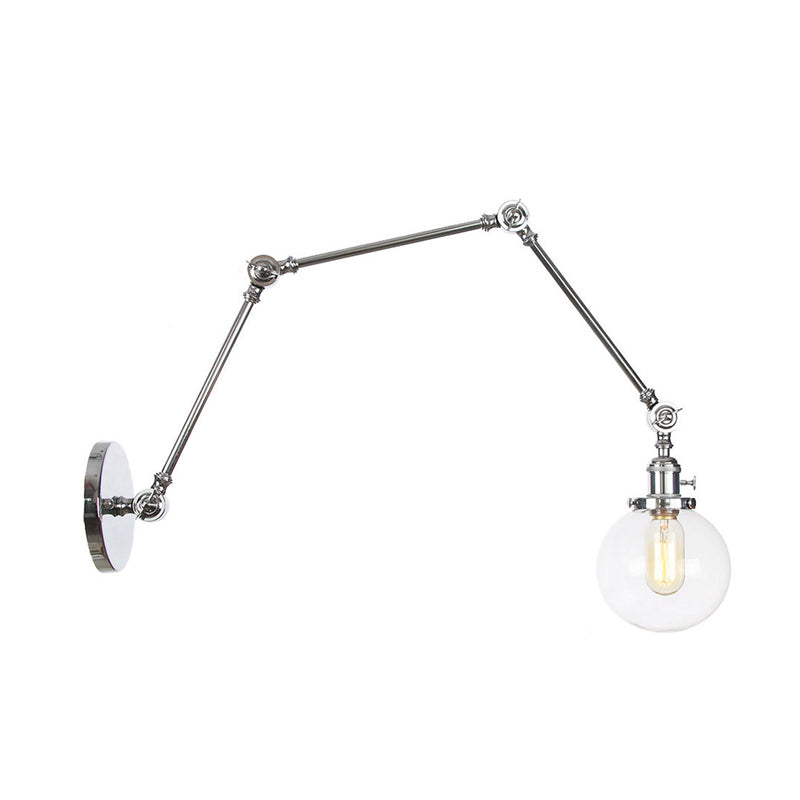 1 Light Clear/Amber Glass Wall Mount Light Vintage Chrome/Copper/Bronze Orb Living Room Sconce Lamp with Adjustable Arm, 8"+8"/8"+8"+8" L Clearhalo 'Art deco wall lights' 'Cast Iron' 'Glass' 'Industrial wall lights' 'Industrial' 'Middle century wall lights' 'Modern' 'Rustic wall lights' 'Tiffany' 'Traditional wall lights' 'Wall Lamps & Sconces' 'Wall Lights' Lighting' 315343