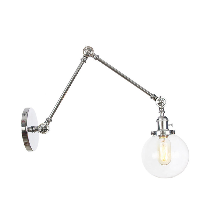 1 Light Clear/Amber Glass Wall Mount Light Vintage Chrome/Copper/Bronze Orb Living Room Sconce Lamp with Adjustable Arm, 8"+8"/8"+8"+8" L Clearhalo 'Art deco wall lights' 'Cast Iron' 'Glass' 'Industrial wall lights' 'Industrial' 'Middle century wall lights' 'Modern' 'Rustic wall lights' 'Tiffany' 'Traditional wall lights' 'Wall Lamps & Sconces' 'Wall Lights' Lighting' 315345